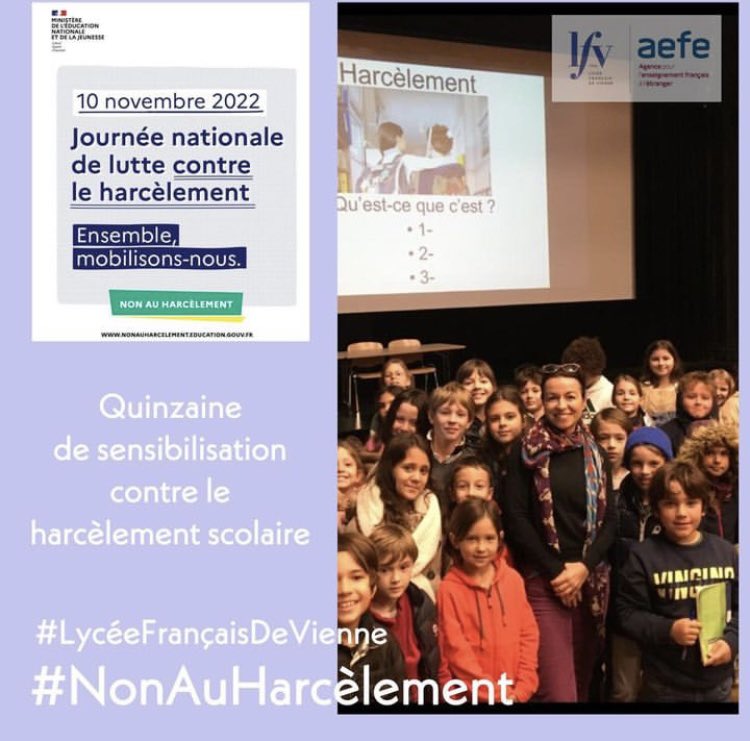 DurandAssouly's tweet photo. Le #lyceefrancaisdevienne s’engage dans le cadre de lutte contre le harcèlement scolaire! Mobilisons-nous! #NonAuHarcelement @aefeinfo https://t.co/YVxNnNRWil
