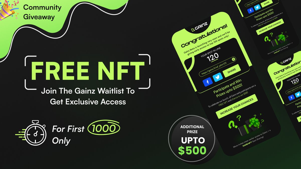 🎁FREE #NFT #Mint GIVEAWAY⚡️

<a href="/GainzFi/">Gainz</a> is the first daily payments app on <a href="/0xPolygon/">Polygon | POL</a> 

To celebrate 1000 lucky winners get FREE mint of NFT collection!

Steps-
1️⃣LIKE &amp; RT
2️⃣Follow <a href="/GainzFi/">Gainz</a> 
3️⃣Download App &amp; Sign Up at gainz.fi/win 👈
4️⃣Share SS &amp; Tag 3 ppl

HURRY UP!