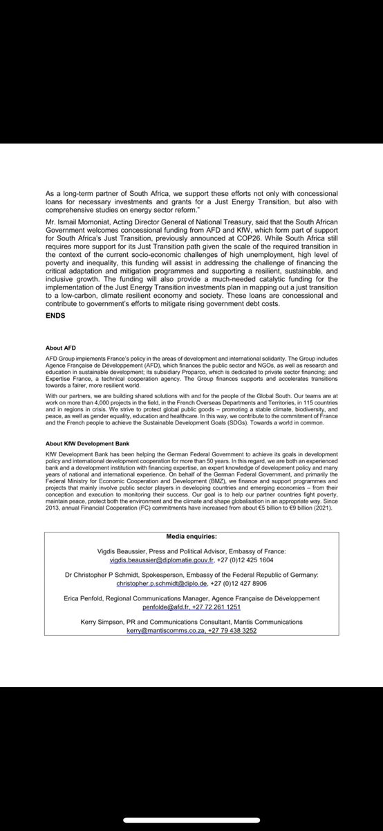.<a href="/GovernmentZA/">South African Government</a> &amp; <a href="/AFD_France/">Agence Française de #Développement (AFD) 🇫🇷 🇪🇺</a> just signed a 300M€ financial agreement to support 🇿🇦 in accelerating its journey towards the JustEnergyTransition. 
Co-financed w/German <a href="/KfW_FZ_int/">KfW Development Bank</a> #TeamEurope. 
First deliverable of the #JET Partnership 🇿🇦 🇫🇷 🇩🇪 🇺🇸 🇬🇧 🇪🇺 <a href="/COP27P/">COP27</a>
<a href="/FinanceInCommon/">Finance in Common</a>