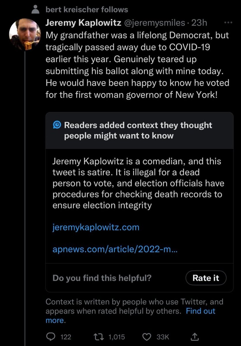 Jeremy Kaplowitz is a comedian, and this tweet is satire. It is illegal dor a dead person to vote, wnd election officials have procedures for checking death records to ensure election integrity