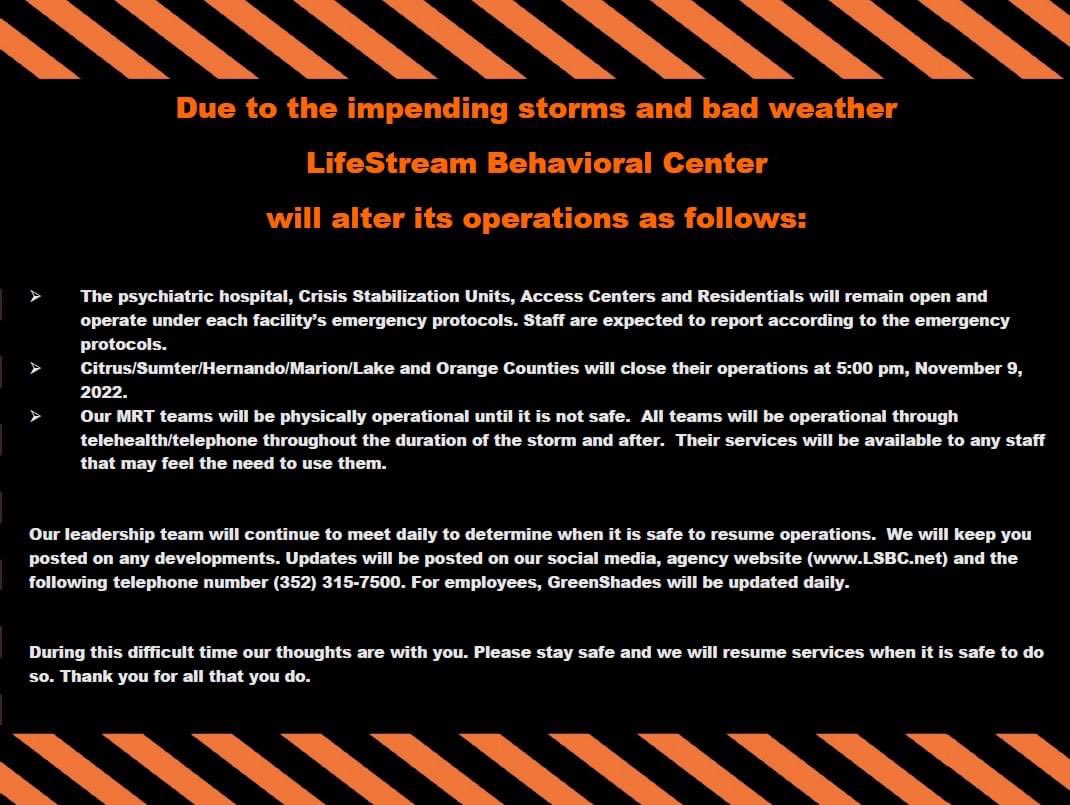 LifeStream_FL's tweet image. LifeStream will alter operations for impending storms and bad weather.