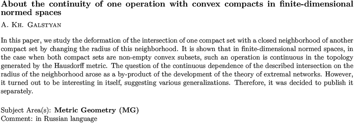 arxiv.org/abs/2211.03847…
A K Galstyan
About the continuity of one operation with convex compacts in
  finite-dimensional normed spaces