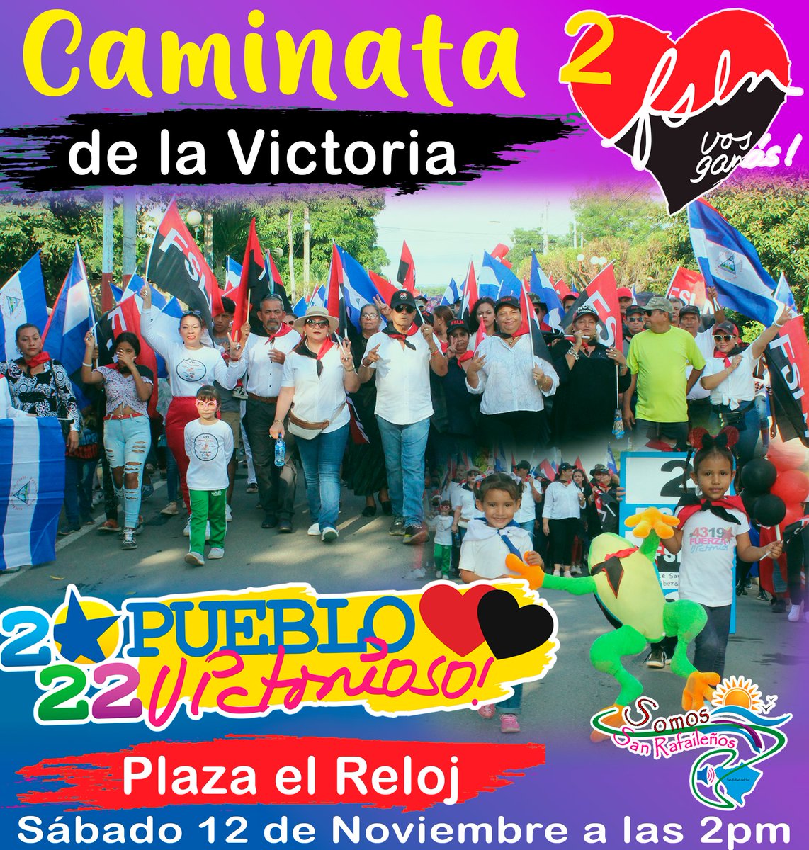 Participa este Sábado 12 de Noviembre a celebrar el Triunfo del FSLN con una Caminata de la Victoria iniciando en la Plaza el Reloj a partir de las 2pm.
#SanRafaelDelSur  #UnidosVencemosVenceremos❤️🖤✌️🎊🎉