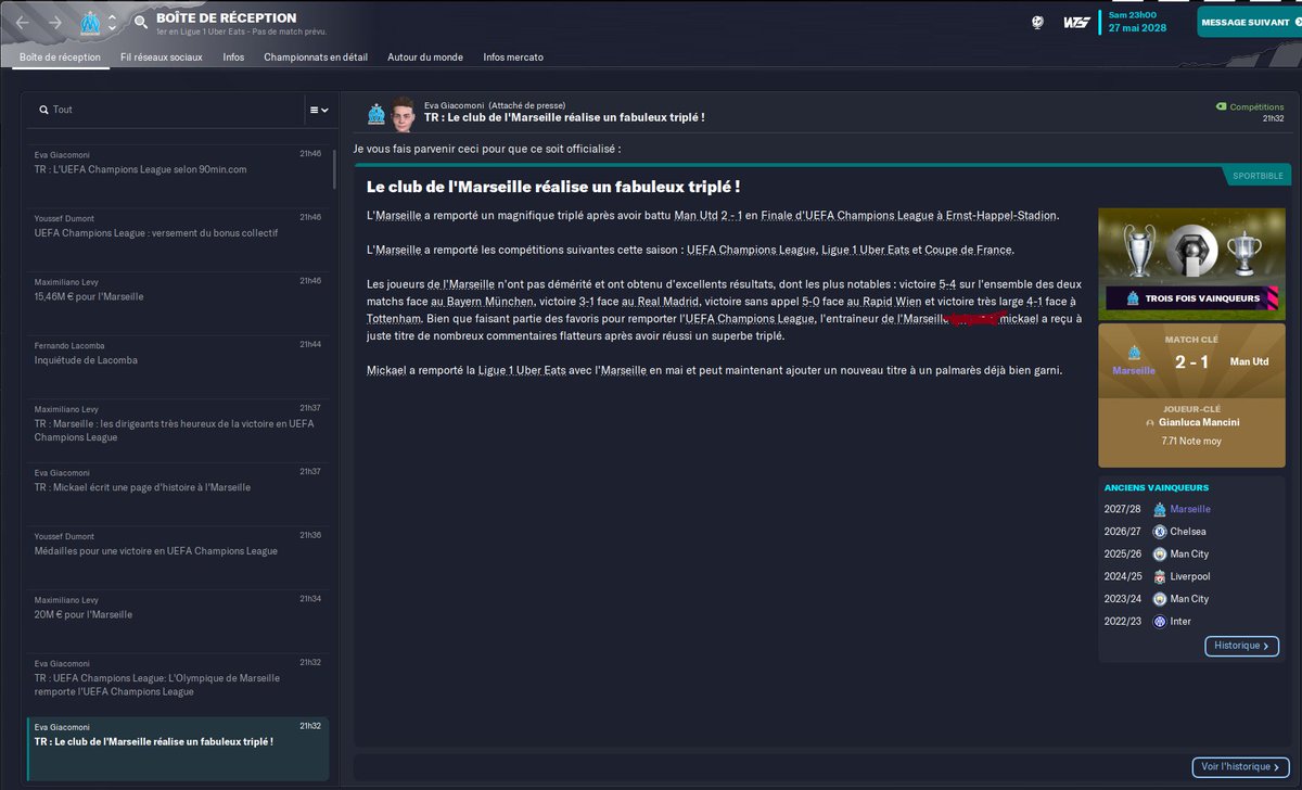 elche1343's tweet photo. invincible , triplé  cdf championnat ldc la saison parfaite  @WarkikTV @rayurart @FMFrance  #FM23 #FM23beta https://t.co/2Jc5riMR24