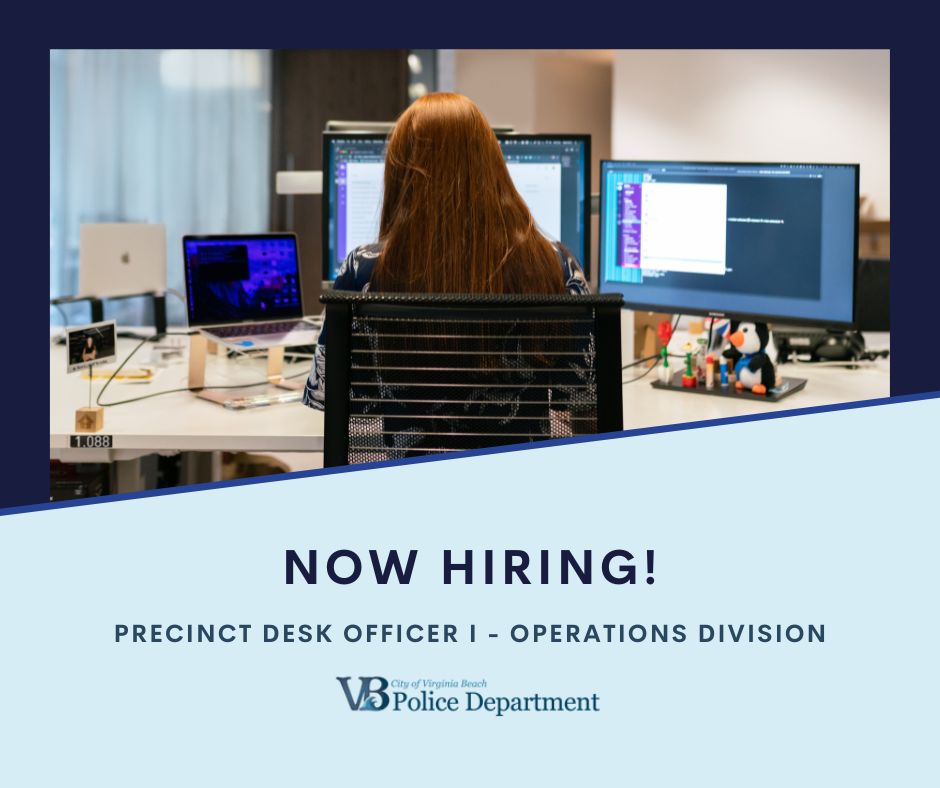 VBPD's tweet photo. The #VBPD is currently seeking qualified candidates for two Precinct Desk Officer I positions. Those interested should apply by midnight on November 23, 2022, via:
https://t.co/PbDqSKB7y0
#NowHiring #VBJobs #GovJobs #VirginiaBeach #ApplyToday https://t.co/psSWVgyPge