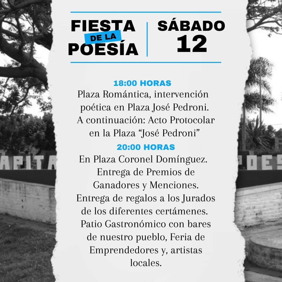 ComunaAcebal's tweet photo. 41 FIESTA DE LA POESIA - ACEBAL 2022 📝
Dos días para celebrar a lo grande con actividades, patio gastronómico, feria de emprendedores y espectáculos para toda la familia @CarlaSaccaniUG @CulturadSantaFe @GobSantaFe @omarperotti https://t.co/hL6JrvnwWv