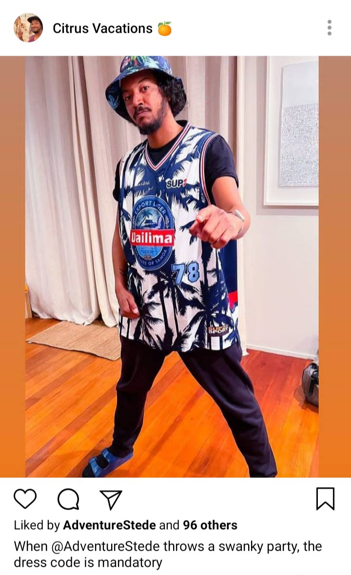 Roach's IG. Picture of Roach pointing at camera. Caption reads "When @AdventureStede throws a swanky party, the dress code is mandatory."