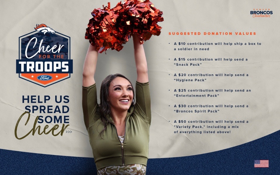 BroncosCheer's tweet photo. Help us spread some CHEER 📣 by donating to our #CheerForTheTroops Campaign — Click the link below for ways to support! 🤍
➡️ https://t.co/yMUxI1m2te
#CFTT | #SaluteToService | #DBC2022 https://t.co/Hv2g8GIdV4