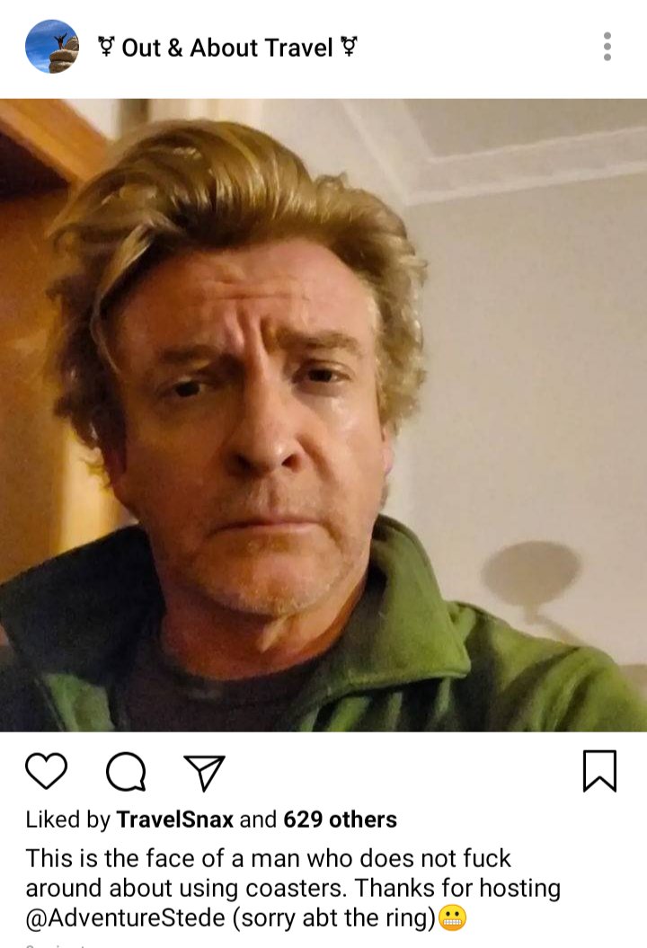 Olu and Jim's IG: Picture of Stede frowning. Caption reads "This is the face of a man who does not fuck around about using coasters. Thanks for hosting @AdventureStede, Sorry about the ring..."