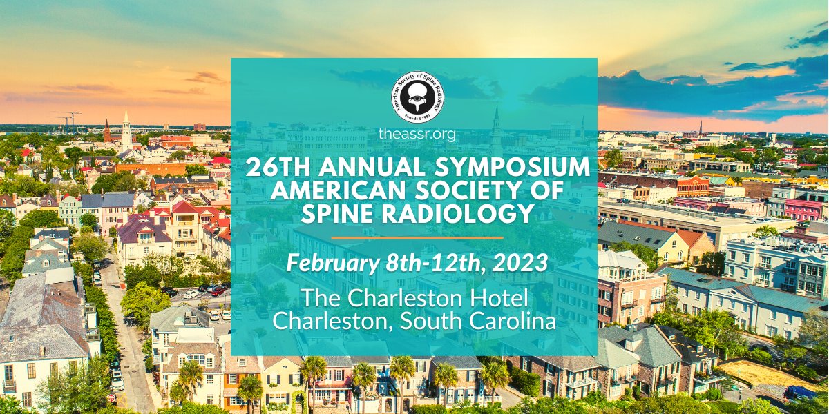 The_ASSR's tweet image. Registration is officially open for #ASSR2023 🎉 Join us February 8th-12th in historic Charleston, SC for an exceptional meeting on all things spine! Explore downtown, network with peers, &amp;amp; get up to date on the latest innovations within #spineimaging: buff.ly/3zWAbsk