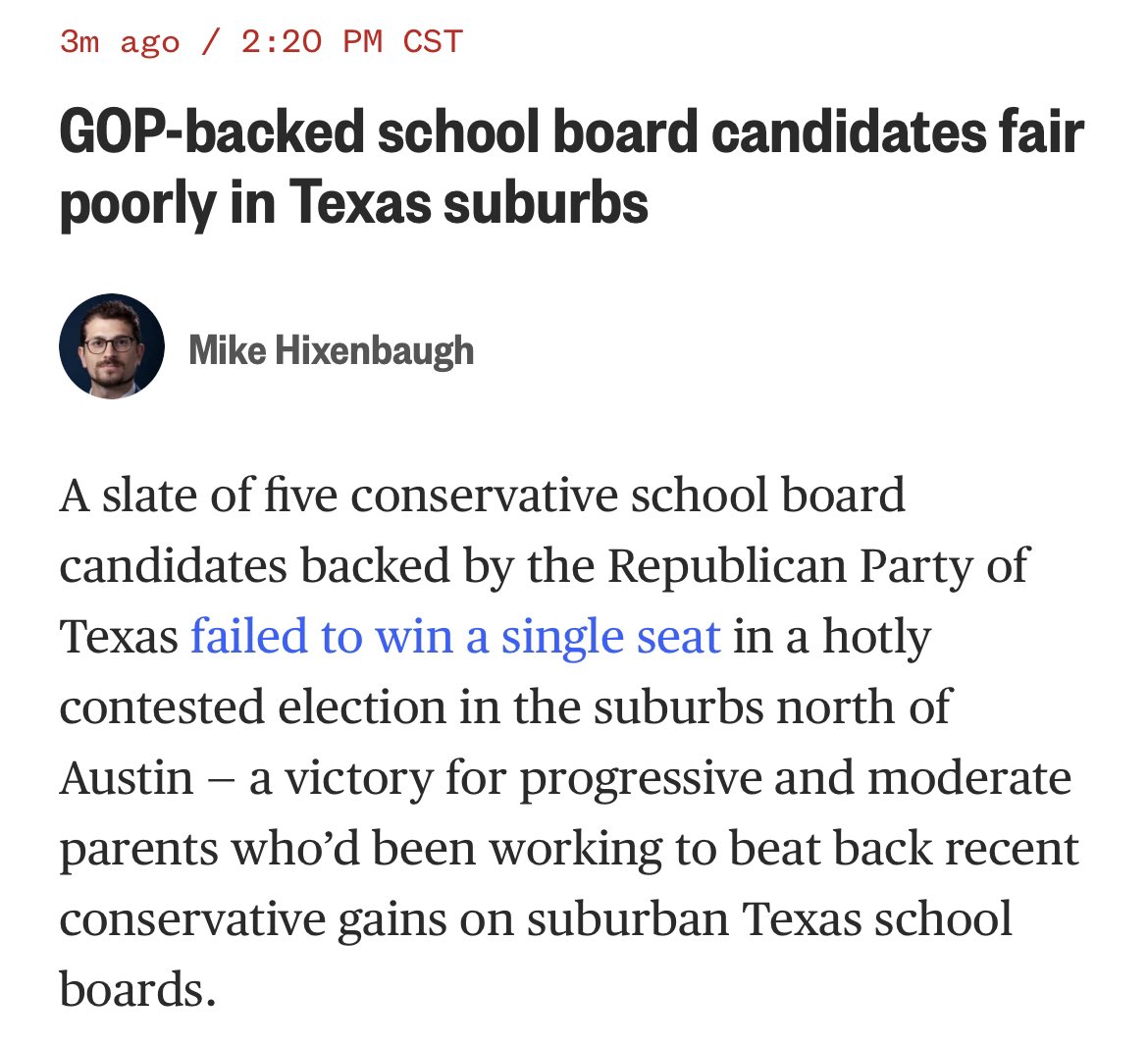 NEW on @NBCNews: The Texas GOP pledged to take an active role in local school boards this year, explicitly endorsing 11 candidates opposed to discussions on race, sex and LGBTQ identities. All but TWO of those candidates lost on Tuesday. Read more here: nbcnews.com/politics/2022-…
