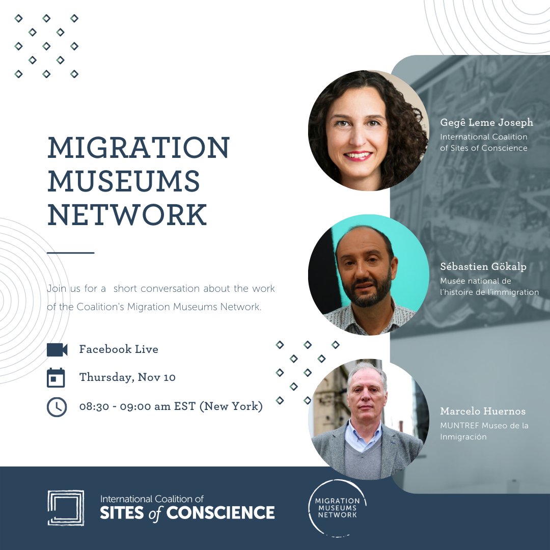 Tomorrow at 8:30am EST, join Gegê Leme Joseph, Coordinator of the Coalition's #MigrationMuseums Network, Sébastien Gökalp - @MNHIParis &amp; Marcelo Huernos - <a href="/MUNTREF/">MUNTREF</a>, for a short conversation about the work of the Network &amp; the "Sharing Museums Symposium."

facebook.com/SitesofConscie…