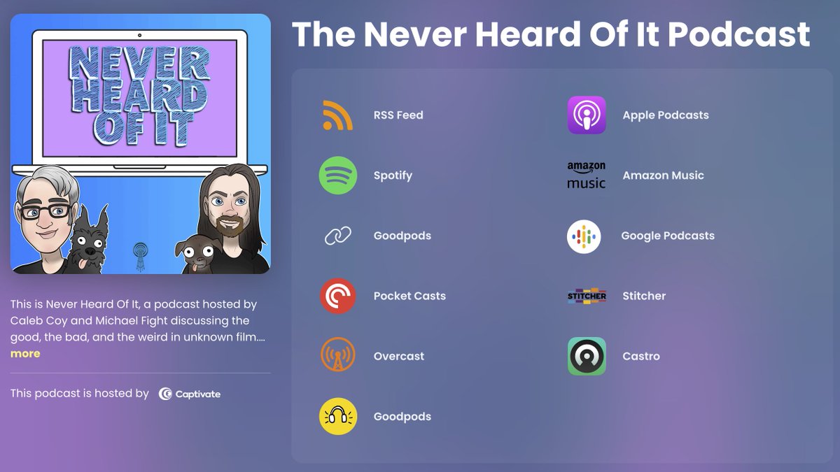 Wow that's a lot of ways to listen to us
never-heard-of-it.captivate.fm/listen