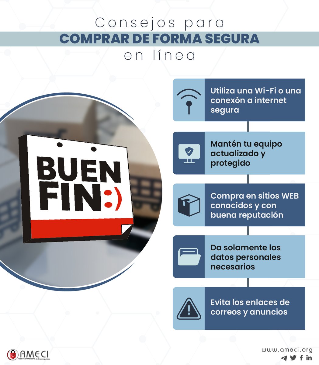 amecimx's tweet photo. Síguenos, contenido exclusivo de ciberseguridad:

Facebook: https://t.co/kDISrZppmQ
LinkedIn: https://t.co/cIycYdcXv0
Twitter: https://t.co/wMhwTi7E2i
Telegram: https://t.co/SZdApcPfdp

Página web: https://t.co/1hl3tHll0v

 #ameci #consejos #BuenFin2022 #comprasonline https://t.co/qKMbsTwTVz