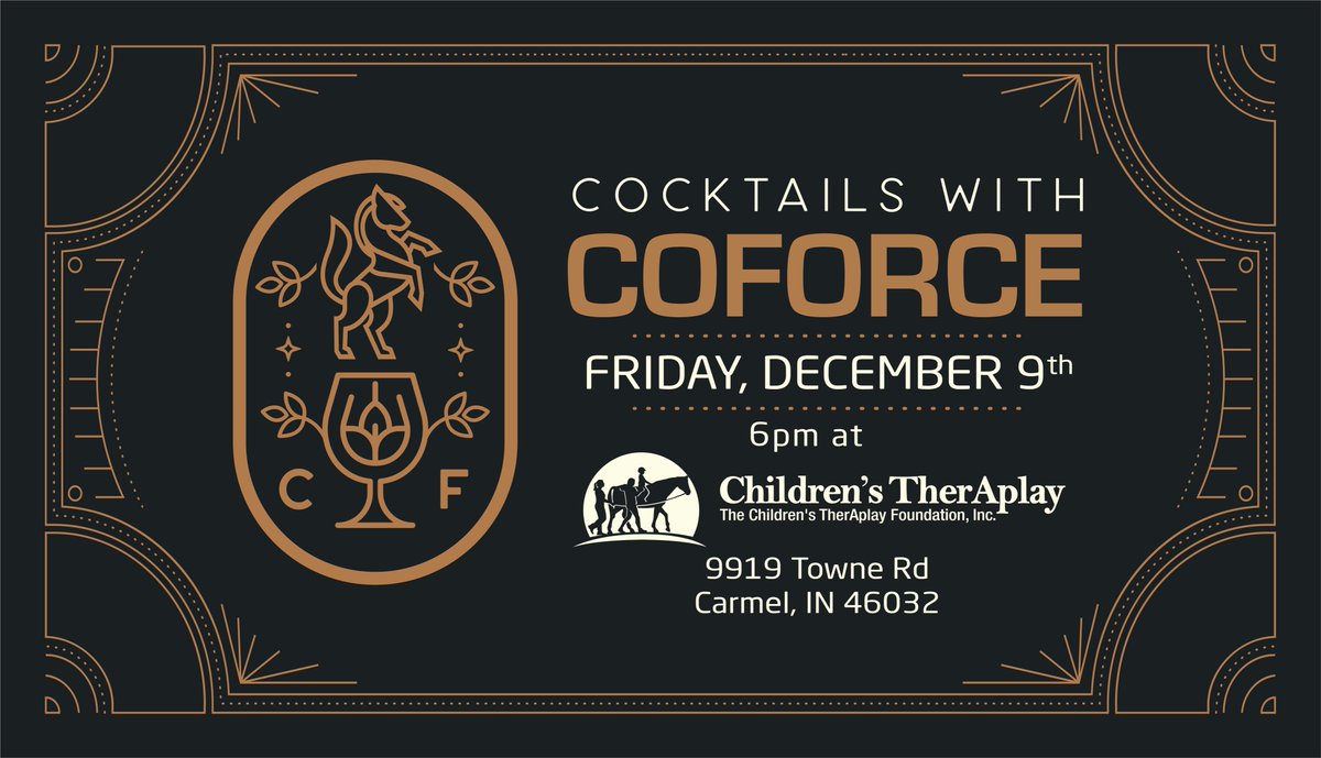 Invitation Incoming ✉️ It's time to RSVP for the annual Cocktails with CoForce fundraiser on December 9th! 

Join us for an exciting evening at the Children's TherAplay headquarters and even meet some of the therapy horses in the barn.

RSVP: forms.gle/UksAZbrnjq3srB…