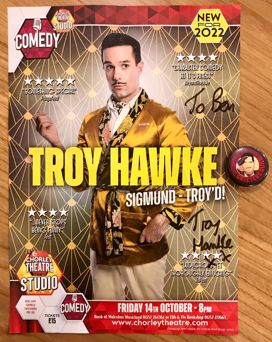 Richard_Ish's tweet photo. B’s first ever live comedy &amp; we had the best night imaginable @TroyHawke
Thank you for the approved #GreetersGuild badge!
First (&amp; not the last) visit also to @ChorleyTheatre serving @Rivvybrewtap so I was a Master of Hydration as well! https://t.co/616ss3O6ql