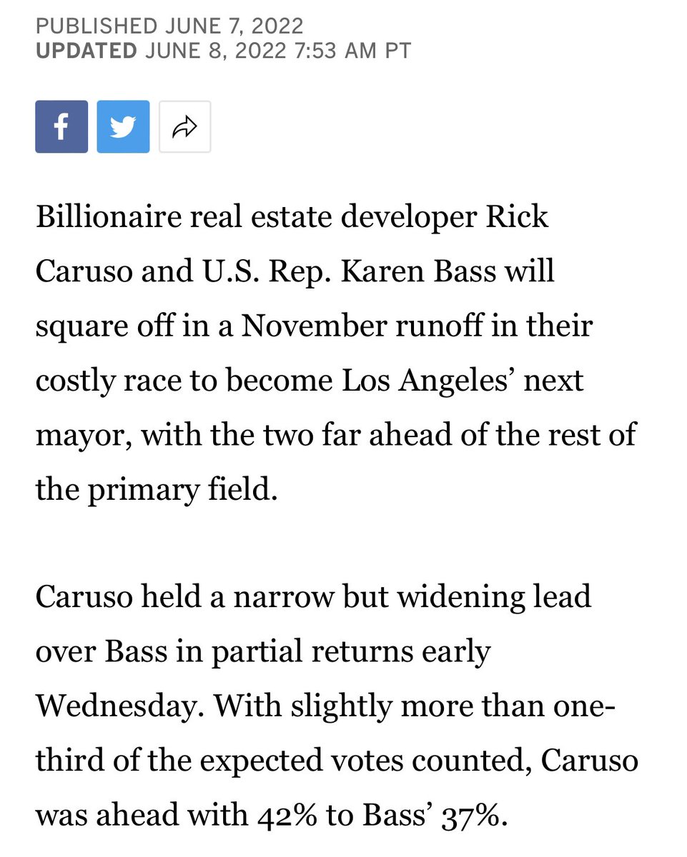 Watching L.A. contests? Only about half the votes are counted. Several closely divided contests—like <a href="/KarenBassLA/">Karen Bass</a> for Mayor &amp; @drrivas2022 for School Board—could shift when late absentee ballots get tallied. That happened in the primary, when Bass trailed by 5 but prevailed by 7.