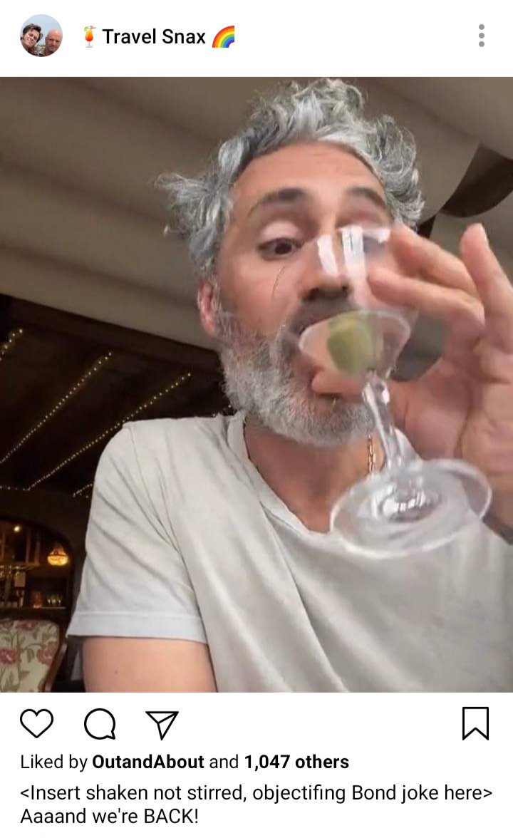 Lucius' IG. Picture of Ed drinking a martini. Caption reads "<Insert shaken not stirred, objectifying Bnod joke here> Aaaand we're back!"