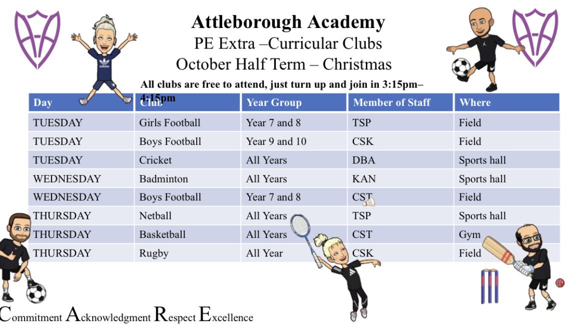 PE departments clubs for this half term! All free, no need to sign up, just turn up and join in! #extracurricular