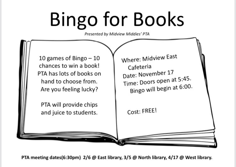 MidviewPTA's tweet photo. Bingo for books brought to you by Midview PTA! @MidviewWest @Principal_Gates @midvieweast @MidviewNorth https://t.co/oUCYXg1xt2