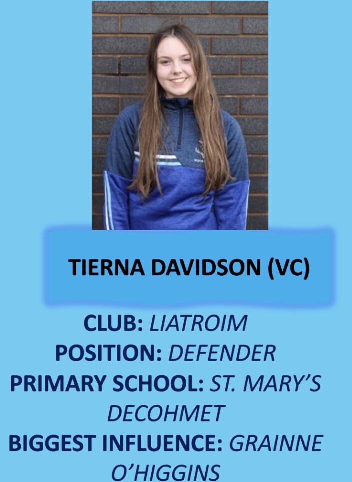 AGS Camogie (@ags_camogie) on Twitter photo Our vice captain, Tierna. Past pupil of <a href="/SDechomet/">St. Mary's Primary Dechomet</a>. She plays her Camogie for <a href="/liatroimfGAA/">Liatroim Fontenoys</a> and says her biggest influence in Camogie is AGS past pupil (and our first ever All-Star) Grainne McArdle (nee O’Higgins). <a href="/assumptionlive/">Assumption Grammar</a> Our vice captain, Tierna. Past pupil of <a href="/SDechomet/">St. Mary's Primary Dechomet</a>. She plays her Camogie for <a href="/liatroimfGAA/">Liatroim Fontenoys</a> and says her biggest influence in Camogie is AGS past pupil (and our first ever All-Star) Grainne McArdle (nee O’Higgins). <a href="/assumptionlive/">Assumption Grammar</a>