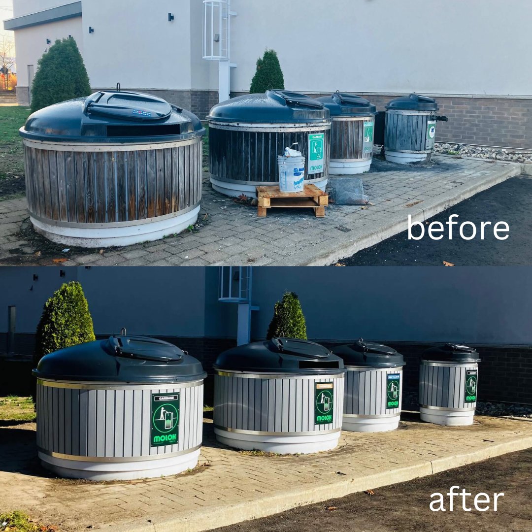 Another stunning example of a Molok® makeover! These bins were installed as early as 2006 in Kitchener, where the pressure-treated wood was showing its age.  Updated with a fresh grey Eon, all will enjoy these containers for many more years to come. #molokna #makeover #service