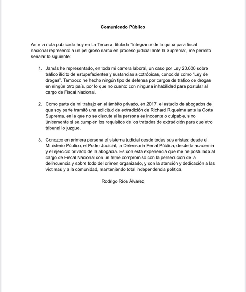 pensapenalchile's tweet photo. Compartimos comunicado del postulante a Fiscal Nacional Rodrigo Ríos, ante publicaciones poco éticas difundidas por diversos medios de comunicación. https://t.co/ugNzJ2FRen