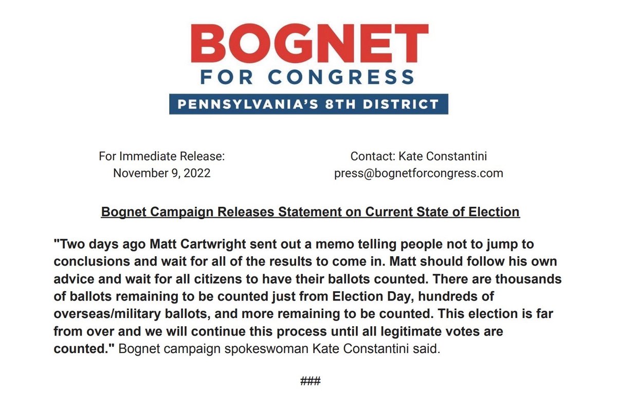 Bognet Campaign Releases Statement on Current State of Election: