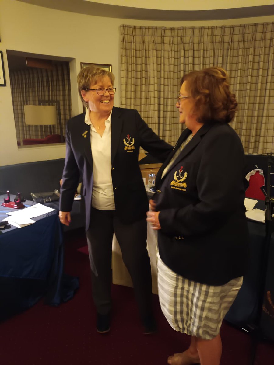 NaasGC's tweet photo. Captain Paula Murray congratulating incoming captain for 2023 Rosemary Byrne on receipt of her Captain's jacket and pin https://t.co/g2i4hRfdIc