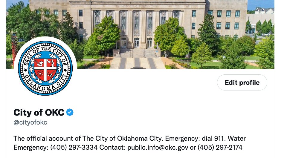 Even though our "official" tag was removed this afternoon, <a href="/cityofokc/">City of OKC</a> is still the official <a href="/Twitter/">Twitter</a> account of the City of OKC. Don't know if/when <a href="/elonmusk/">Elon Musk</a> and team will remove the blue check from our #localgov account without the $8 payment.