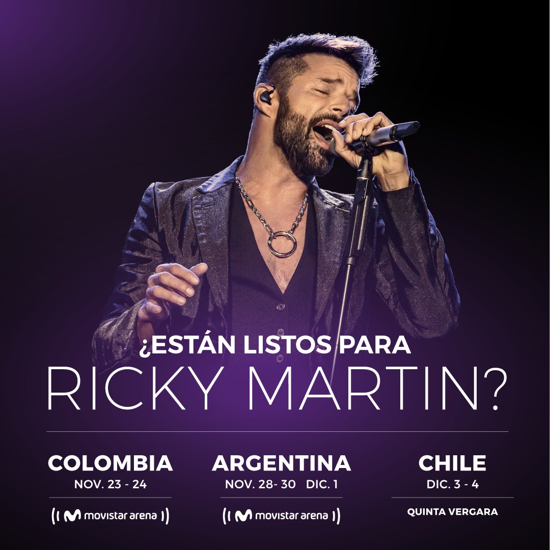 RMwebteam's tweet photo. ¡Comenta cuántos días faltan para que @ricky_martin llegue a tu país! 🇨🇴🇦🇷🇨🇱 https://t.co/BiL3ga30DA
