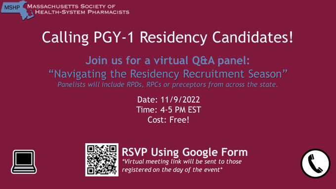MAPharmacists's tweet photo. Happening now! If you are interested in learning about the residency application process, feel free to DM for a link or ask questions along the way as we live tweet the event! #MSHP https://t.co/QazFT83Smd