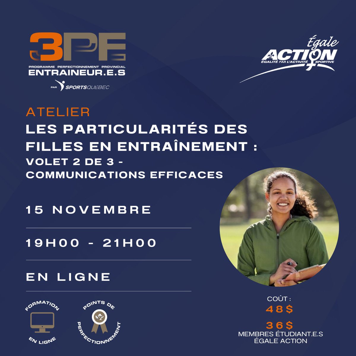 📣 Formation aux entraîneur.e.s!

Partie 2/3 de la série sur les particularités des filles en entraînement : communications efficaces 👩‍🦰🏃‍♀️le 12 nov. dans le cadre du NOUVEAU PROGRAMME 3PE!

* Pas nécessaire de les suivre dans l'ordre.

Inscription ici 👉 bit.ly/3gEpfsV