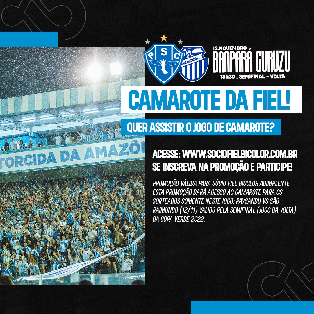 SocioFBicolor's tweet photo. É Sócio Fiel Bicolor e quer assistir a partida entre Paysandu e São Raimundo de camarote? 😎

Acesse https://t.co/fBTWo3XUfY, se inscreva na promoção e participe! 👊🏼💙

#SócioFielBicolor #OMaiorCampeãodaAmazônia https://t.co/JiSg4Ma08K