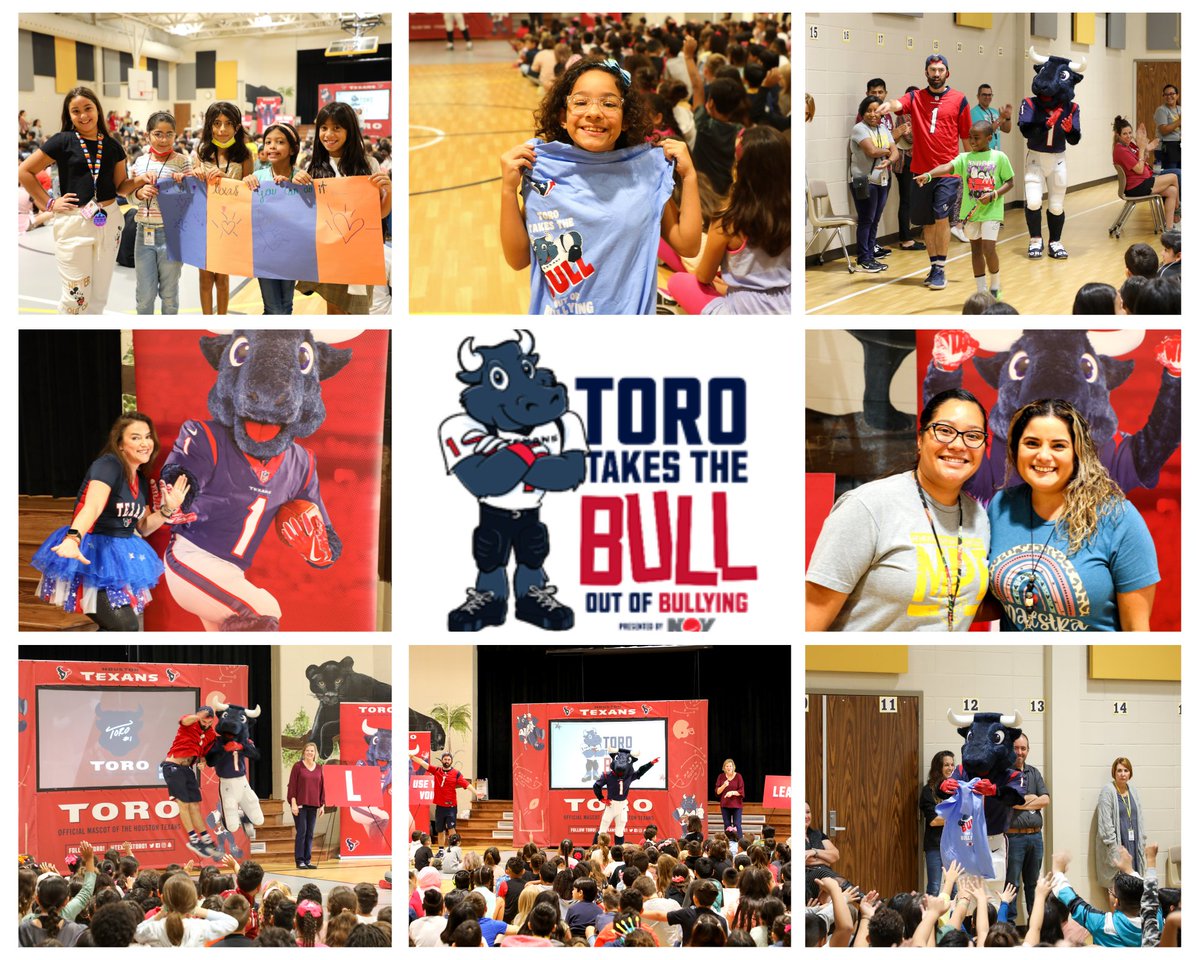 katyisd's tweet photo. The @HoustonTexans' mascot, TORO made a special guest appearance at @MPElemSchool this morning! "TORO Takes the BULL out of Bullying" teaches students about how to better identify and deal with bullying while playing fun and interactive games. Thank you to TORO and the Texans!🏈 https://t.co/pcz15j98ES