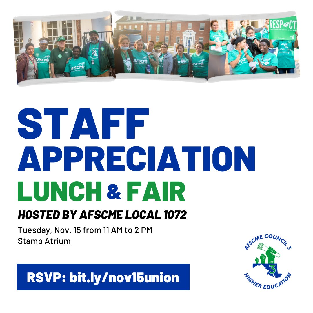 We hope to see you at AFSCME Local 1072's staff appreciation lunch and fair! Stop by to learn about how to get involved in our union. All members and any other interested staff are welcome.🙂RSVP Here: bit.ly/nov15union