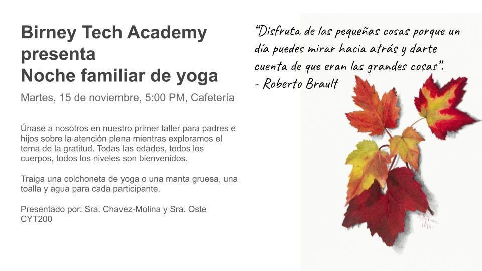 Autumn is the season for reflecting on the abundance in our lives. You are invited to join us for Birney's First Family Yoga and Mindfulness Night. All bodies, all abilities, all families are welcome. <a href="/ElRanchoSchools/">El Rancho Schools</a> <a href="/doradelgado4/">Dora Soto-Delgado</a> <a href="/sandra_robles07/">SandraRobles</a> <a href="/PBIS_CA/">California PBIS</a> <a href="/SchPsychNatalie/">School Psych Natalie</a>