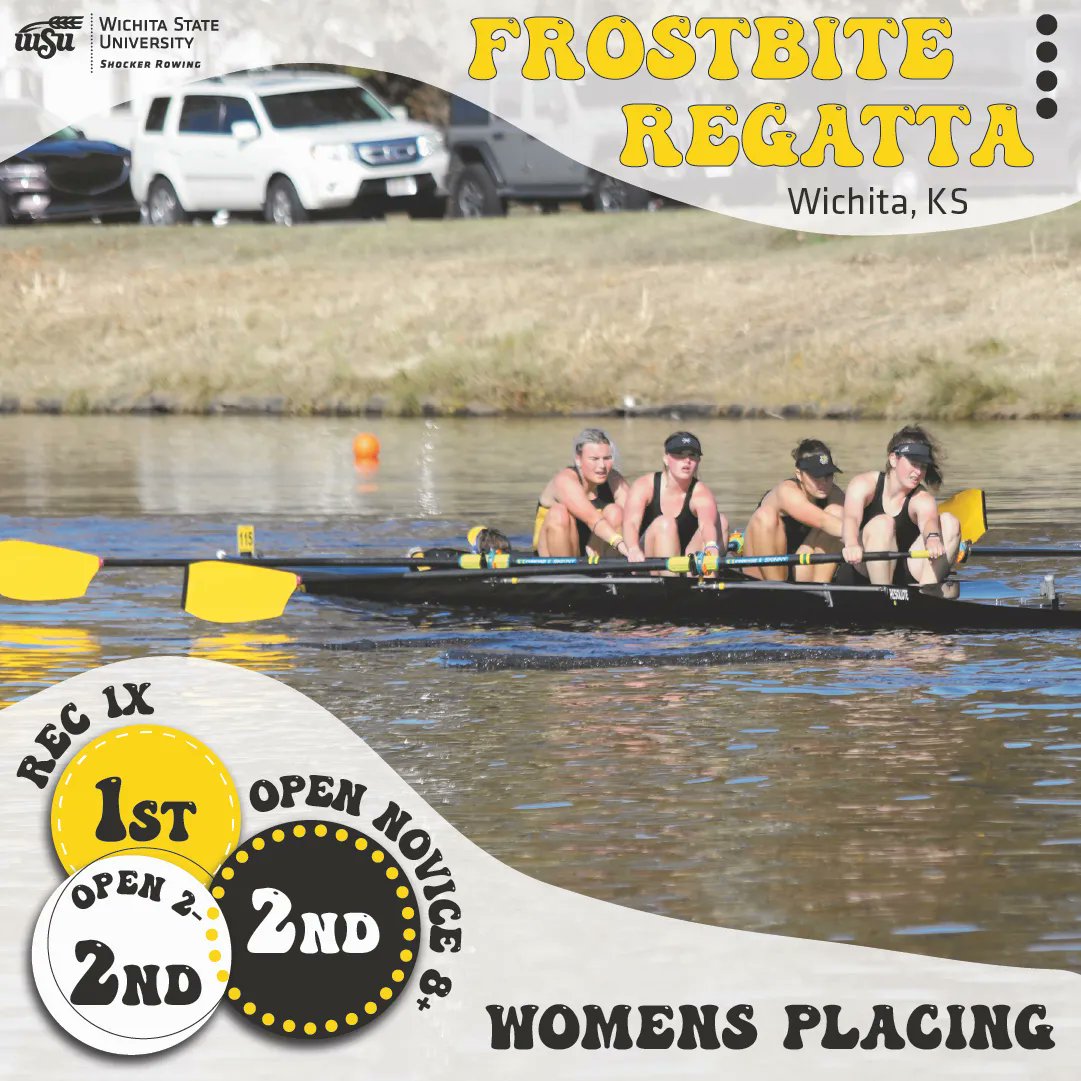 ShockerRowing's tweet photo. Check out the Women's Frostbite Regatta results from this past weekend! They received 1st in the Rec 1x, Club &amp; Jrs. with a time of 16:51.436, placed 2nd in the Open 2- with a time of 10:56.472, and 2nd in the Open Novice 8+ with a time of 10:14.710. https://t.co/5I9ZS9UeuD