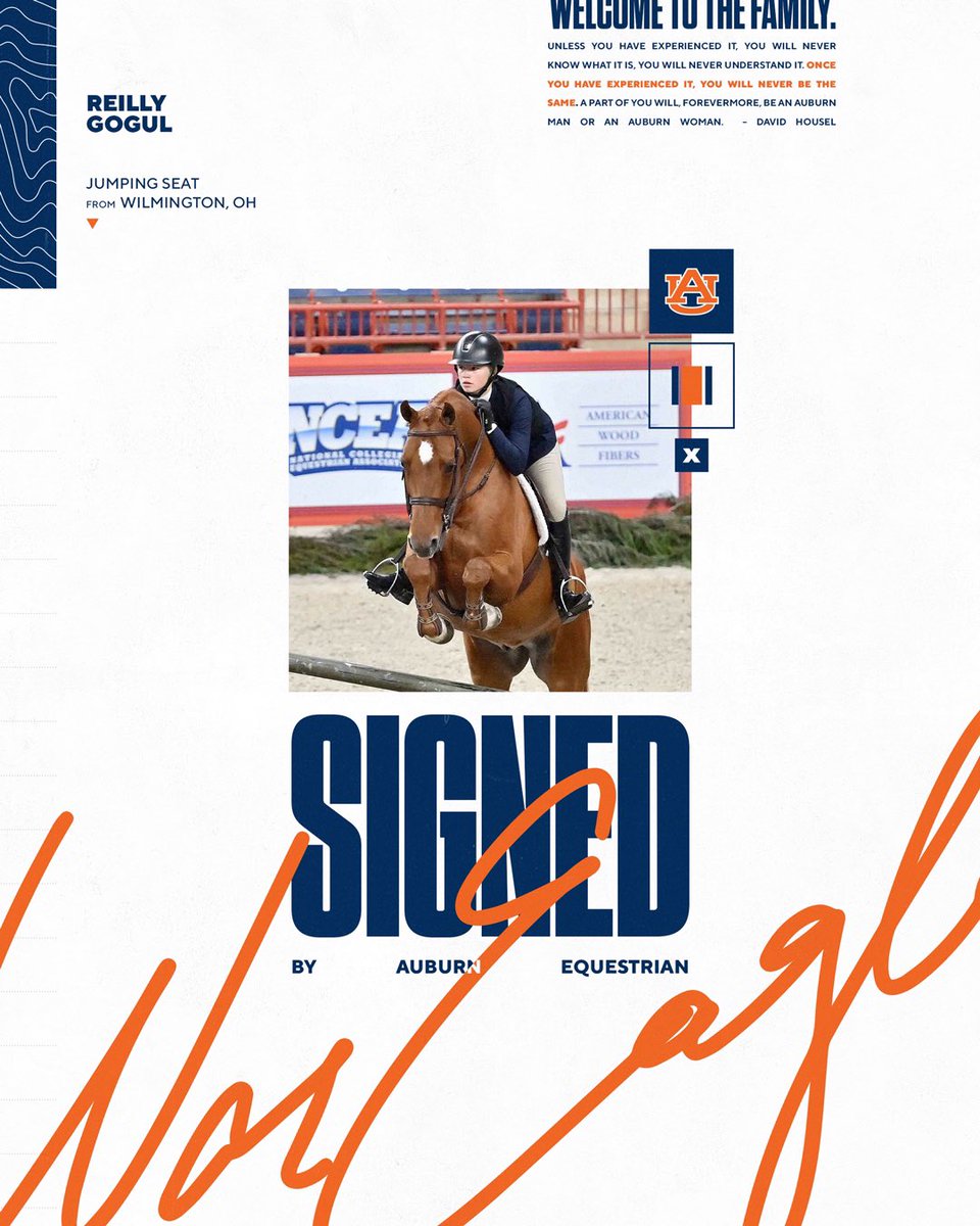 𝙎𝙄𝙂𝙉𝙀𝘿✍️

Welcome to the Auburn Family, Reilly!
📍 Wilmington, Ohio
🐴 Jumping Seat

#WarEagle