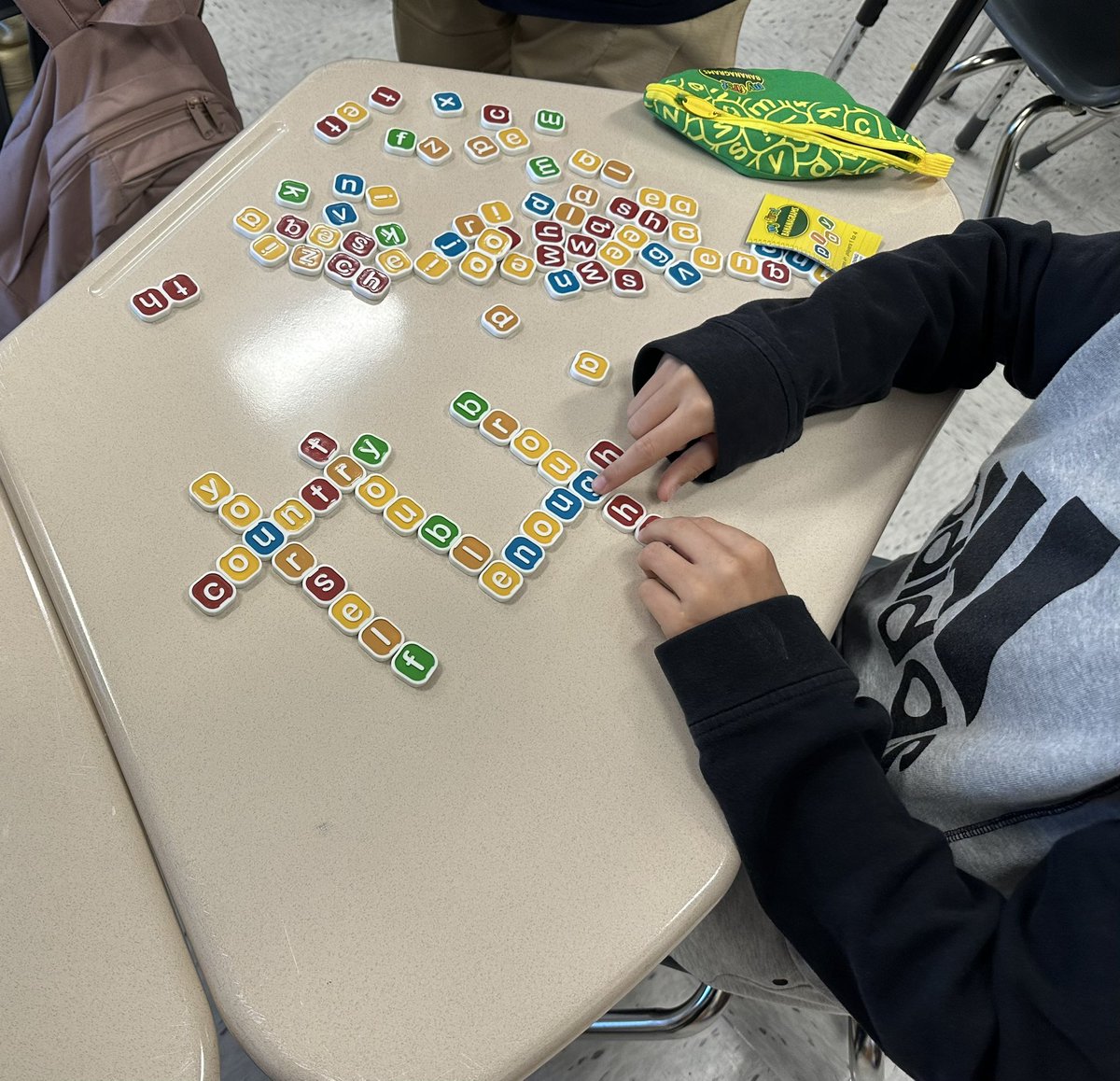 Banangrams spelling was a hit today! Ss practiced their spelling skills using their choice boards, and this student was excited to try my new multi-sensory practice choice. Only complaint,“We need more tiles so I can make more words!” <a href="/BAM_MS_Official/">Brambleton Middle</a> #multisensoryliteracy