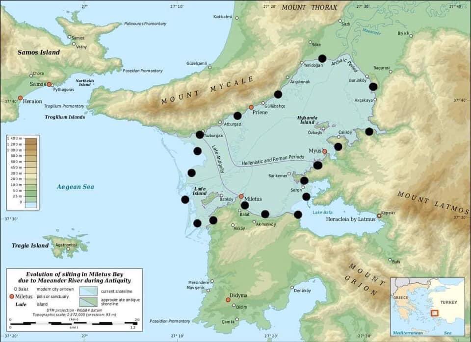 Siyah nokta içine alınan alan bir zamanlar denizdiPriene, Miletos ve Myus gibi kentler, bir zamanlar liman kentiydi.) #latmos  #herakleia #latmoskörfezi #arkeoloji #architecture #archilovers #söke #bafagölü #adüarkeoloji #aydın #söke #priene #milet #miletos #myus