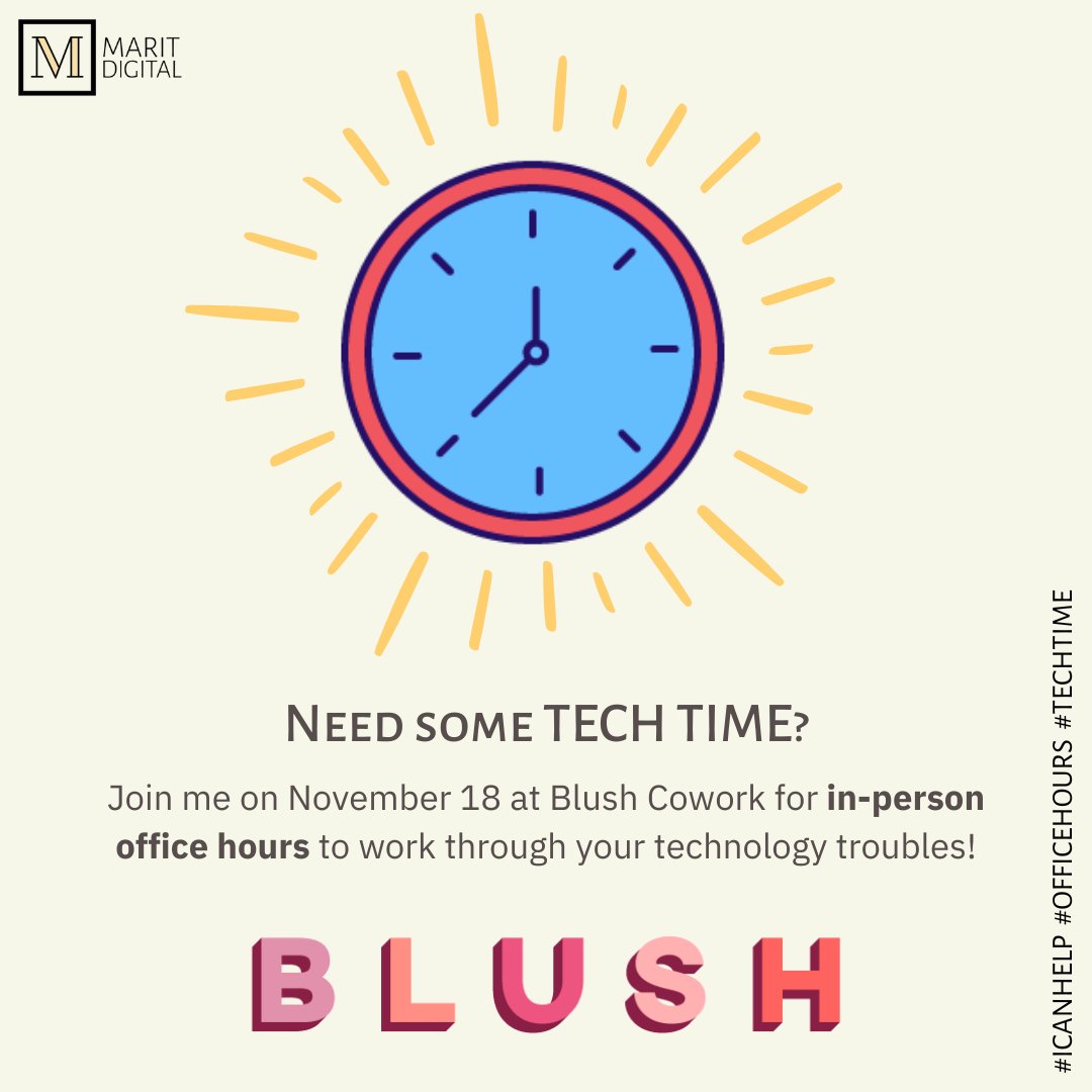 We are so excited to have Jen McFarland of @maritdigital joining us during our next Open Coworking Day (11/18) for open office hours 9 am to noon! Come by, work, ask the hard-hitting questions about all your IT quandaries.