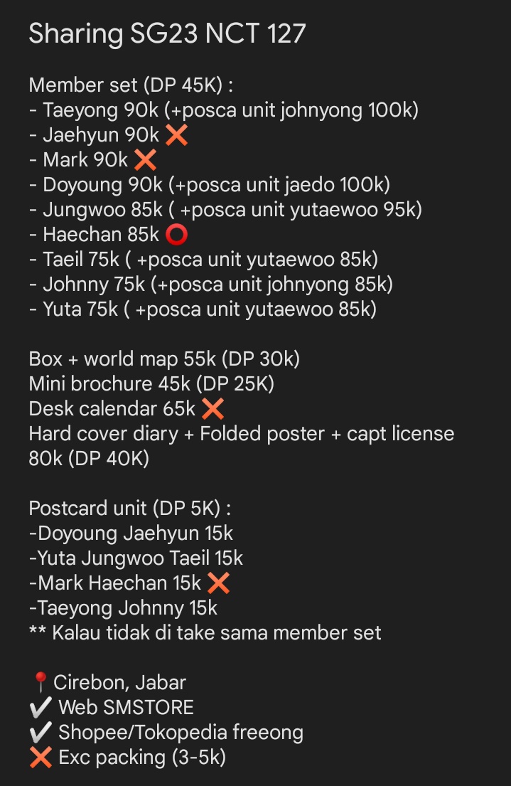 Update WTS Sharing Season's Greetings NCT 127 

Avail member Taeyong, Doyoung, Jungwoo, Taeil, Johnny, Yuta

✓ Bene SM
✓ Pelunasan Shopee/Tokped freeong
✖️ Exc packing
🏡 Jawa Barat