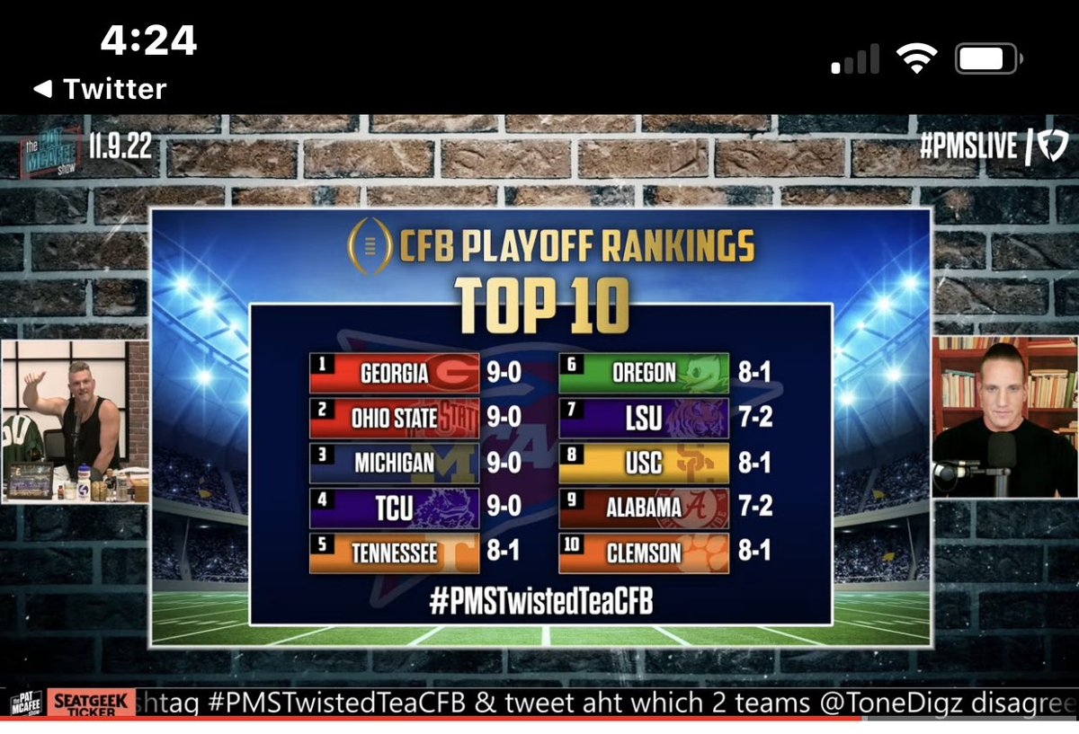 Cpap2425's tweet image. ⁦@PatMcAfeeShow⁩ #PMSTwistedteaCFB #5 Tenn &amp;amp; #7LSU are twisted