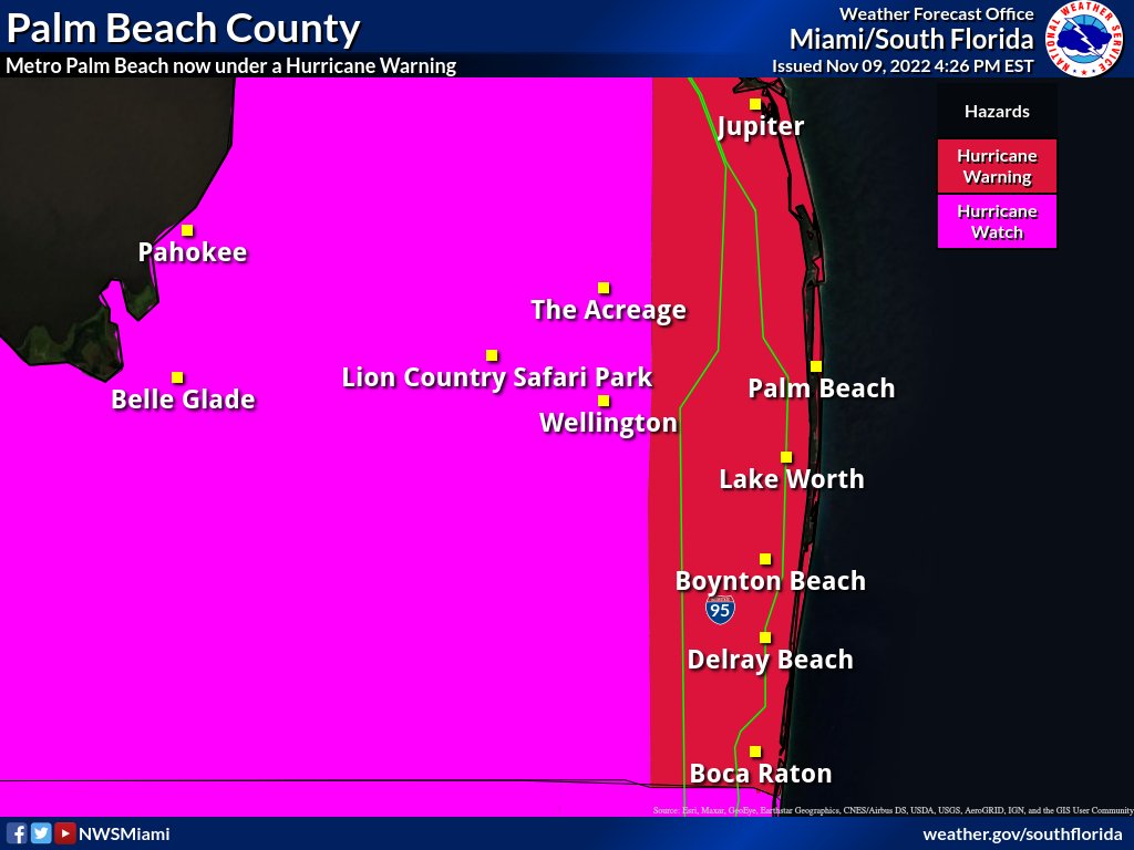 Changes with the 4pm Advisory on Tropical Storm #Nicole: Metro Palm Beach is now also under a Hurricane Warning. Prior to this advisory, only Coastal Palm Beach was under a Hurricane Warning. 

Locations in the hot pink/purple color are also under a Tropical Storm Warning.