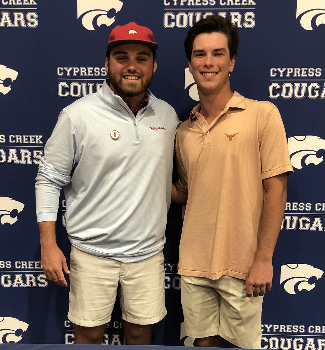 Congratulations to <a href="/cycreekhs/">Cy Creek High School</a> golfers Jackson Gilbert  <a href="/TexasMGolf/">Texas Men's Golf</a>       Rex Hargrove  <a href="/RazorbackMGolf/">Razorback Men's Golf</a>    on Signing Day.   <a href="/CyCreekBooster/">CyCreekBooster</a> <a href="/CFISDAthletics/">CFISDAthletics</a>