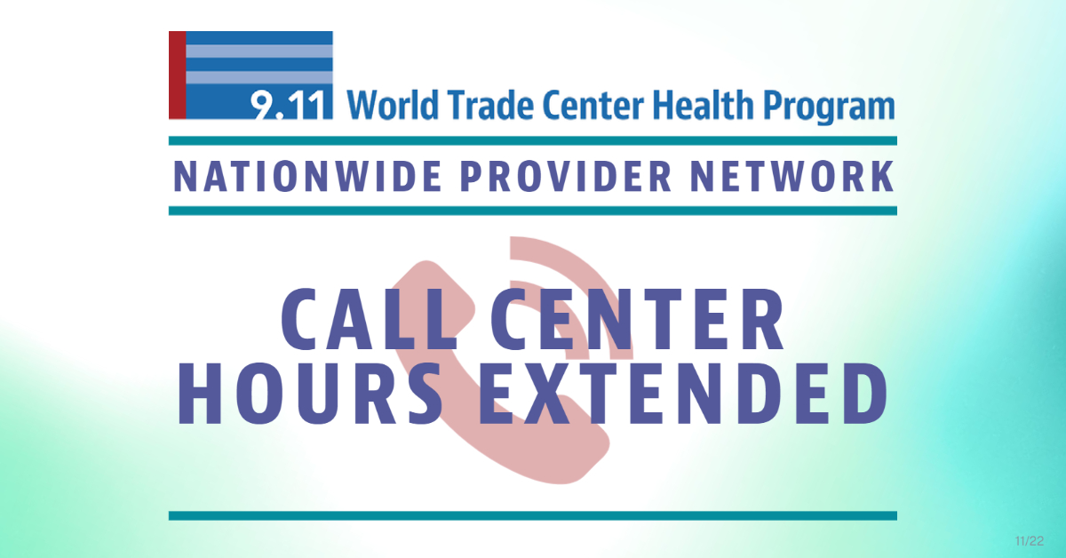 ☎️Nationwide Provider Network (NPN) Update: Managed Care Advisors-Sedgwick has extended their call center hours to better serve you.

The #WTCHealthProgram NPN call center (1-800-416-2898) is now open Mon-Thu from 8a-10p ET. Friday hours still 8a-8p ET. cdc.gov/wtc/clinics.ht…