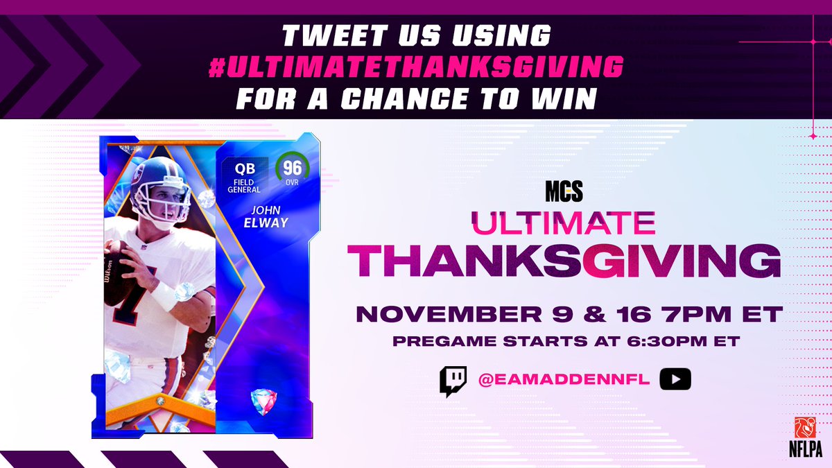 EAMaddenNFL_MCS's tweet photo. RT &amp; comment with #UltimateThanksgiving &amp; who you rooting for during tonight's #Madden23 MCS broadcast 🦃

Doing this will give you a chance to either:
A) See your tweet on tonight's show 📺
B) Win 💎 John Elway for your @EASPORTS_MUT squad!

6:30PM ET: https://t.co/M6nwrXpHel https://t.co/qQMPKpdDBf