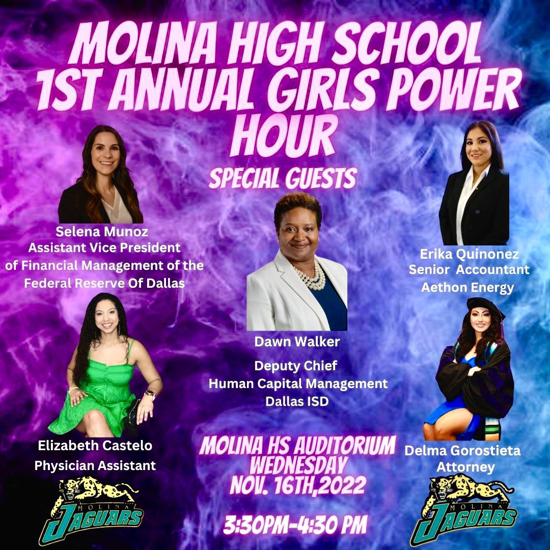 MolinaHigh's tweet photo. We are excited to host our 1st Girls Power Hour next Wednesday the 16th! We have some phenomenal speakers coming to share their stories with our girls and female staff! @TeamDallasISD @MRamirezDISD @SHussainDISD @JacobNunez27 @fclkerriep @BrendaBarrera04 @OC_b_robbie @Coachbru3 https://t.co/9bXP5rCfK5