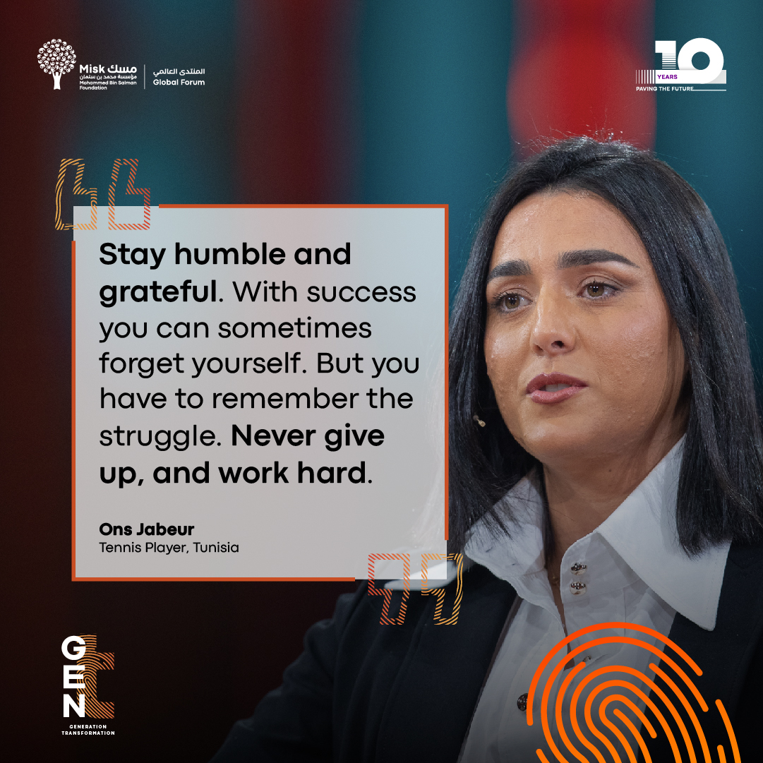 Misk_Global's tweet photo. .@Ons_Jabeur, world number 2 women's tennis player tells #MGF22 that success means putting in the hard yards, even when you don't want to.  #BridgingGenerations https://t.co/z8jBs1oiSm